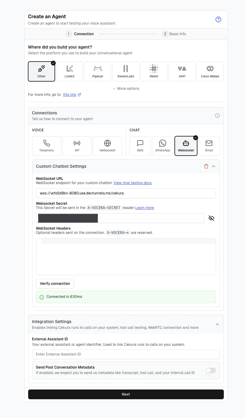 Interface for creating and configuring an agent with WebSocket connection settings and integration options.