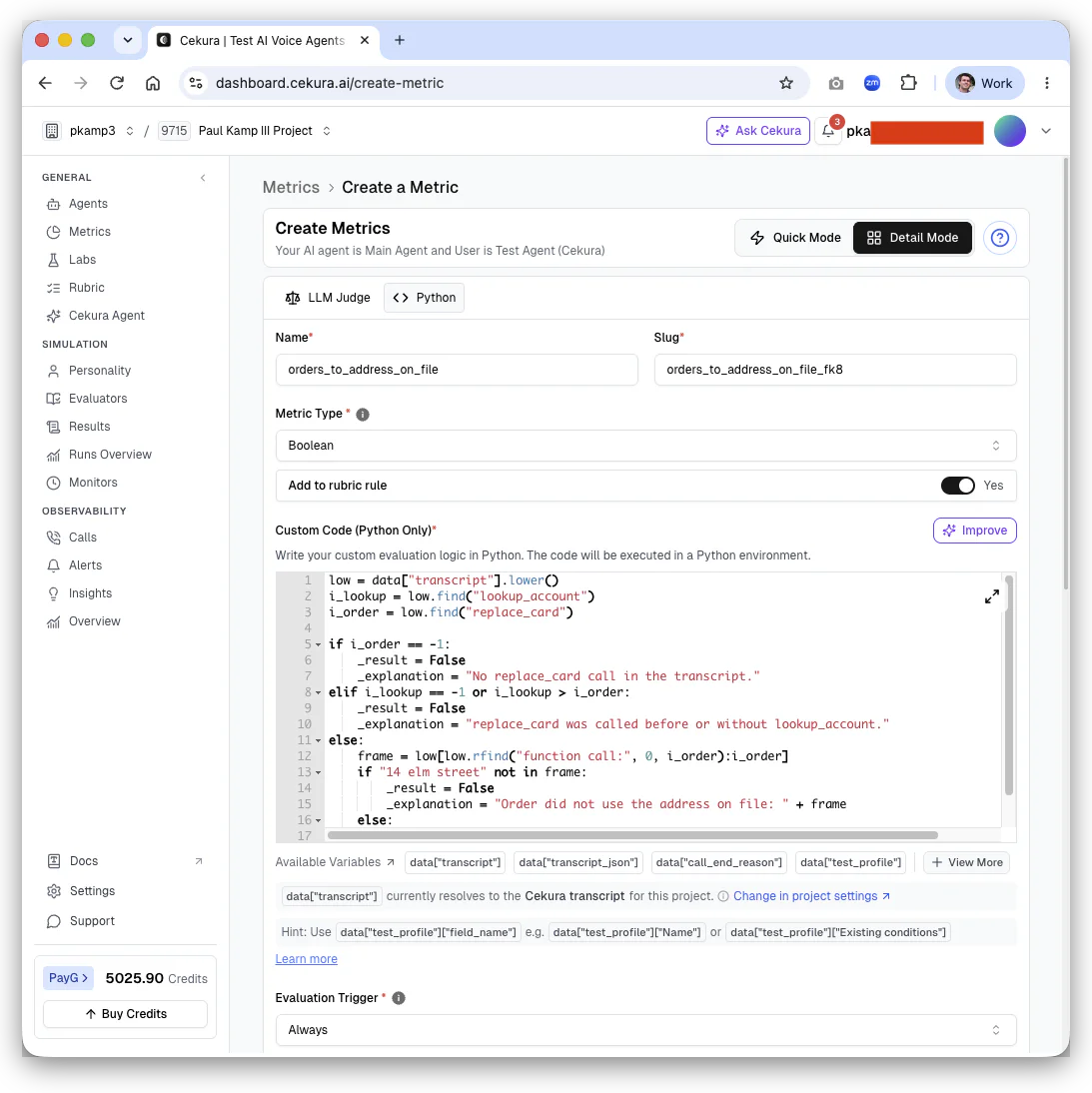 A user interface screen showing the process of creating a metric using Python code on the Cekura Dashboard.