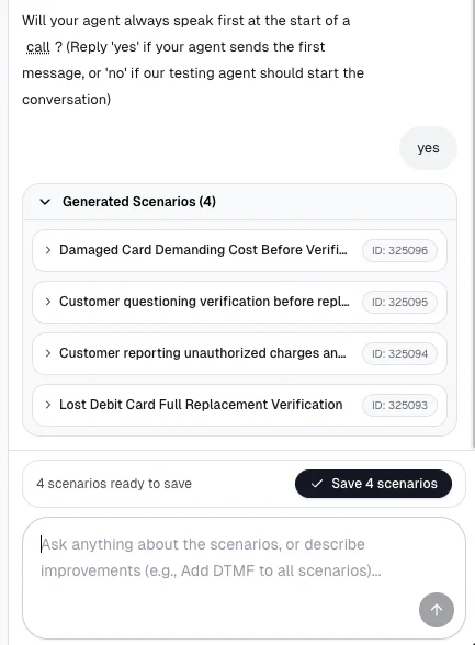 Screen showing generated customer service scenarios and a prompt asking for the agent to start the call.