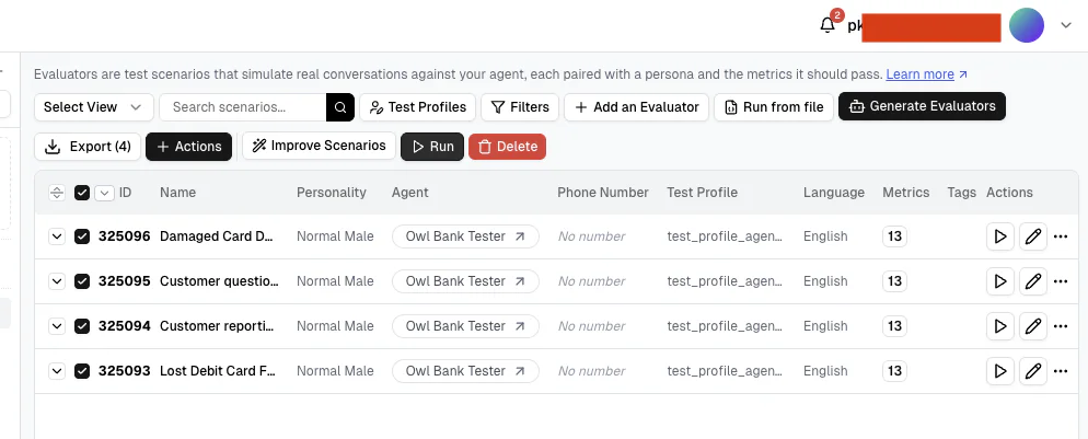 Screenshot of Owl Bank Tester scenario management and evaluation interface with four scenarios listed.