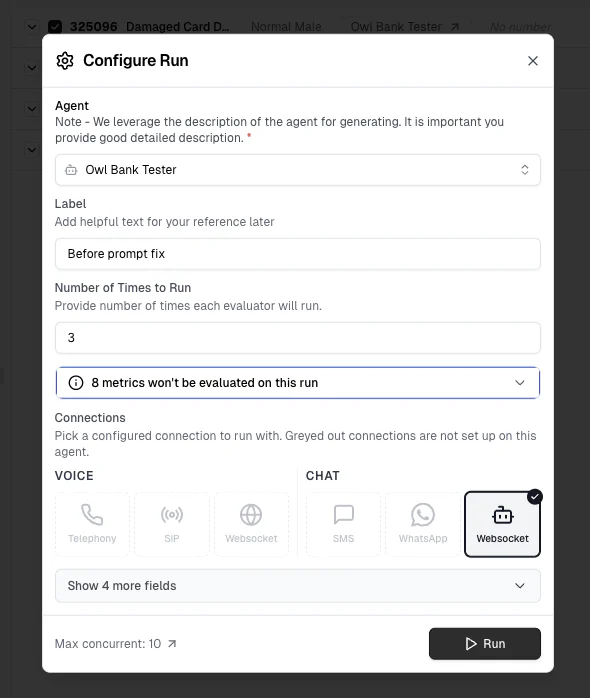 Screenshot of the configuration settings for running the Owl Bank Tester with various options and fields displayed.