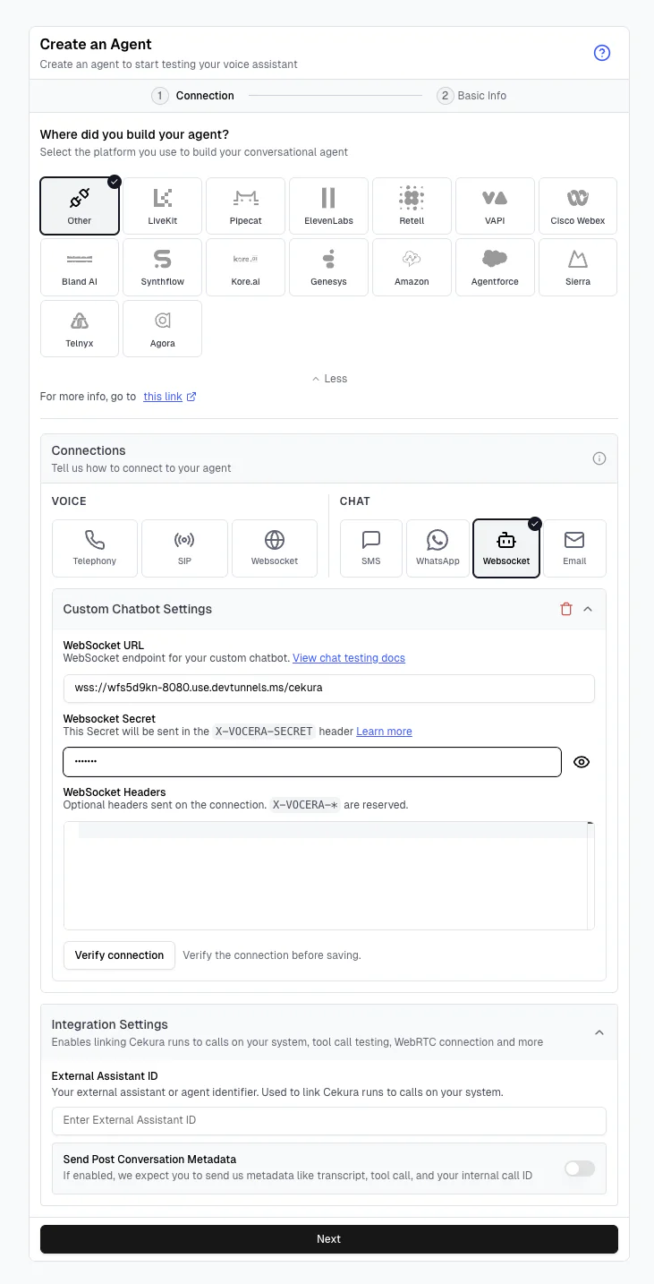 Screen displaying options for setting up a custom chatbot with a WebSocket, including fields and buttons.