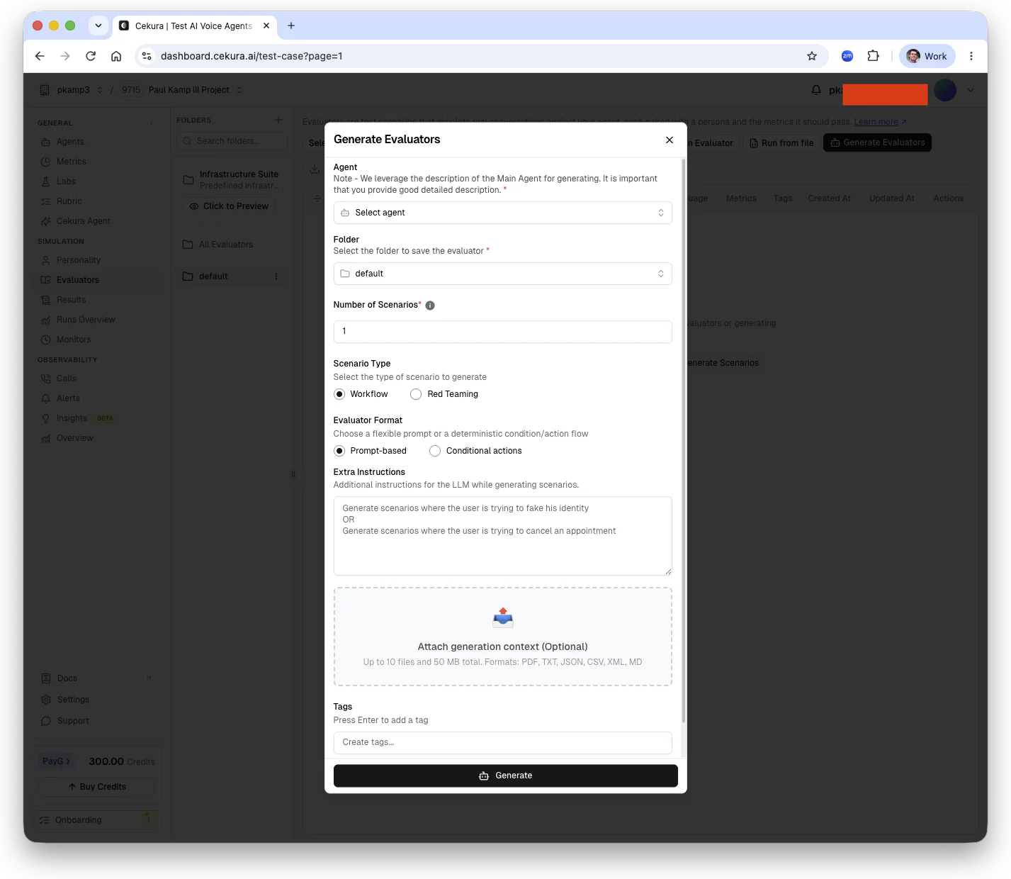 Screenshot of the Cexus AI dashboard showing the form for generating evaluators with various input fields.