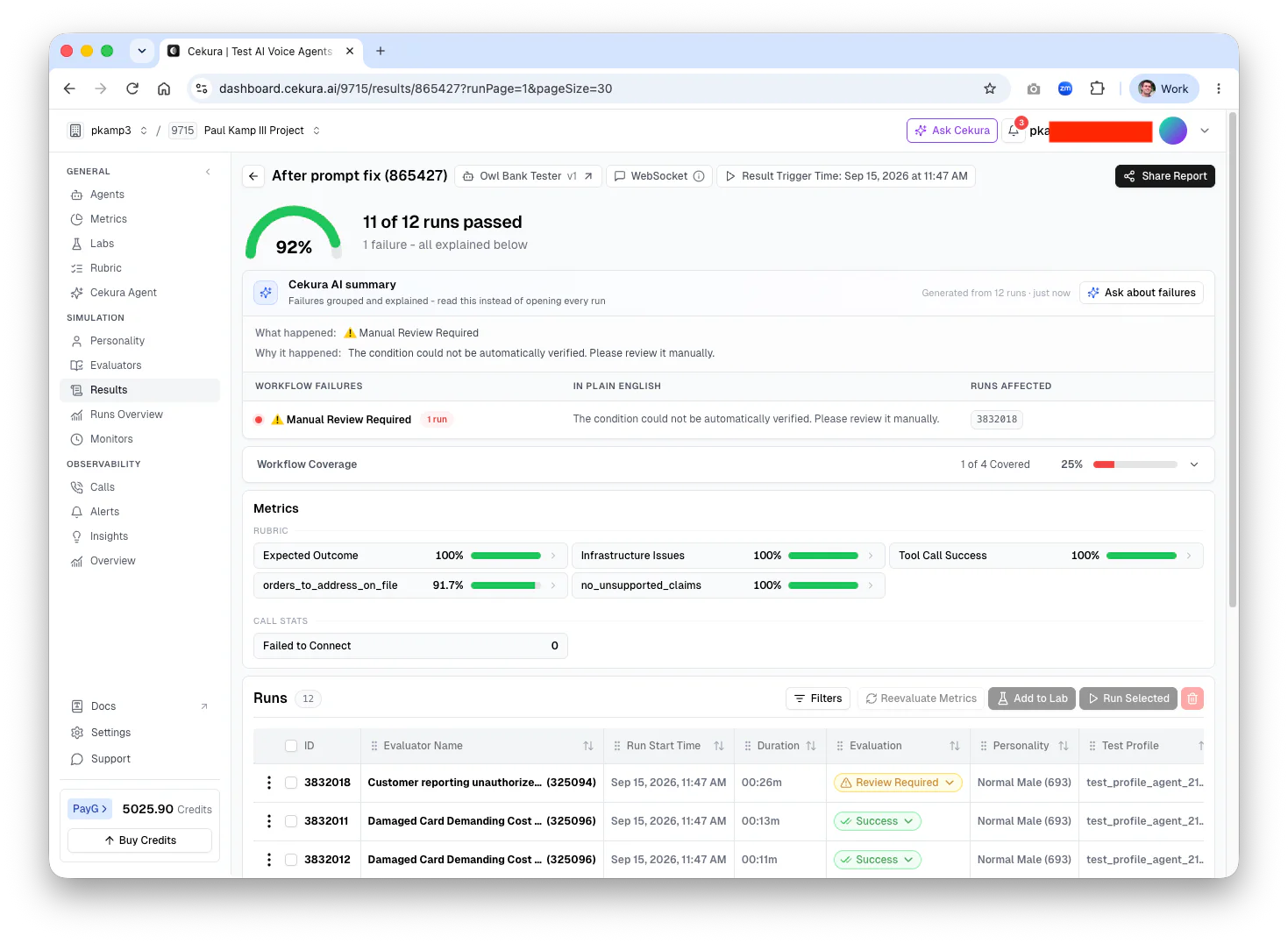 Screenshot of a test and voice agent dashboard showing test run results with 92% success rate.