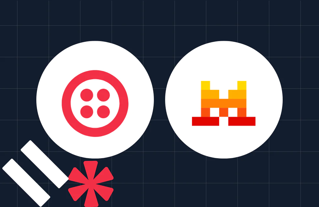 Red button icon and pixelated crown icon inside white circles against a dark grid background.