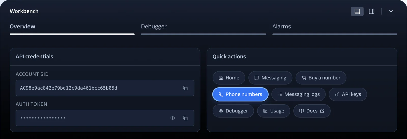 Screenshot of API Workbench Dashboard showing API credentials, quick actions, debugger, and alarms tabs.