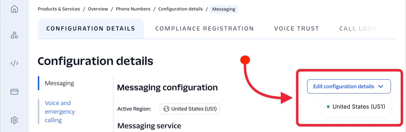 Messaging configuration settings for United States region with option to edit details highlighted.