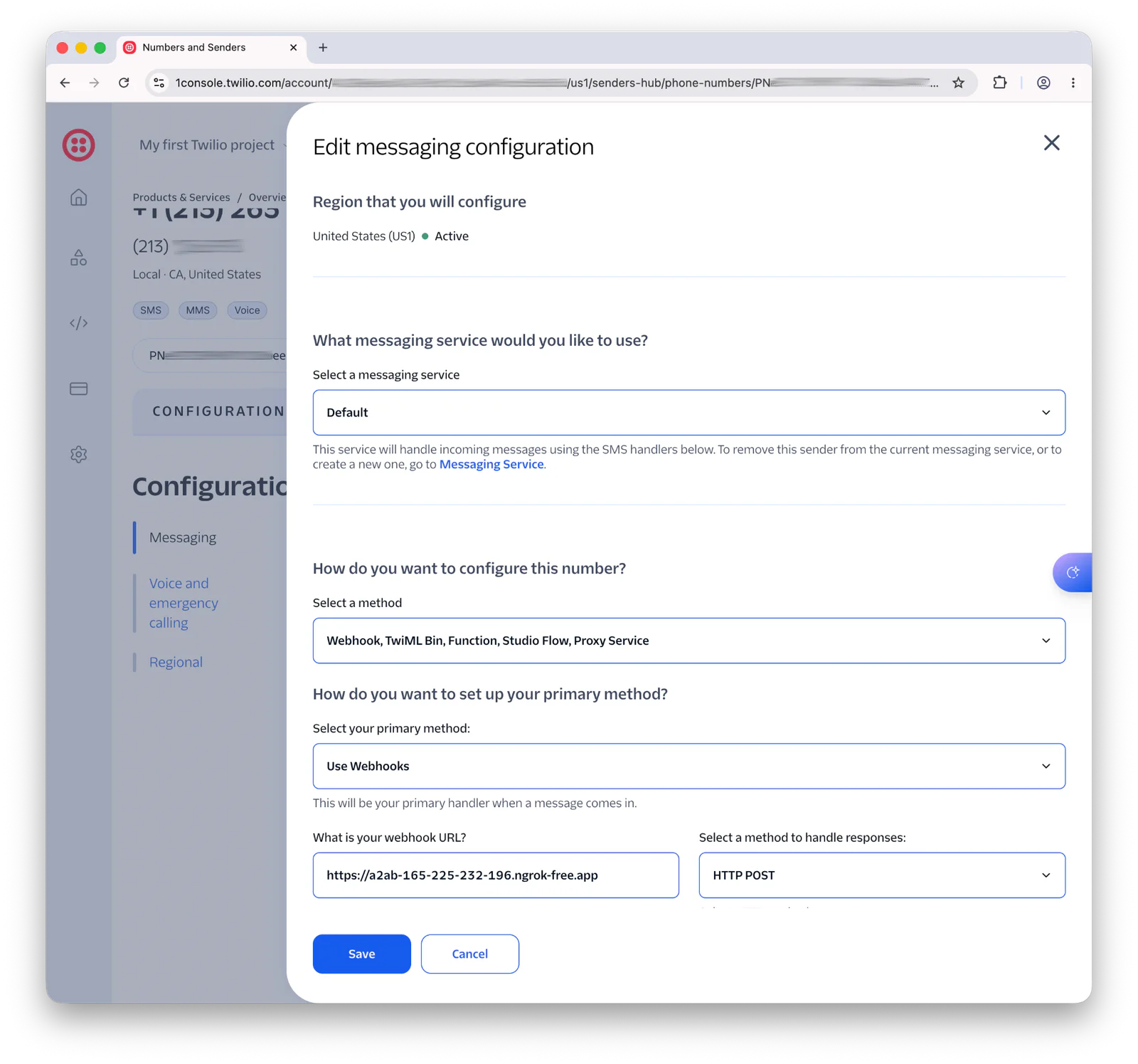 Twilio dashboard showing the Edit Messaging Configuration screen with fields for messaging service setup and webhook URL.