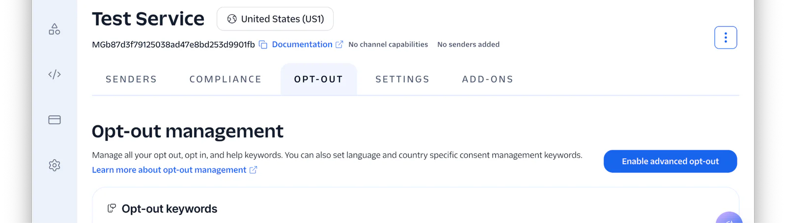 Email service opt-out management section with options for senders, compliance, and settings.