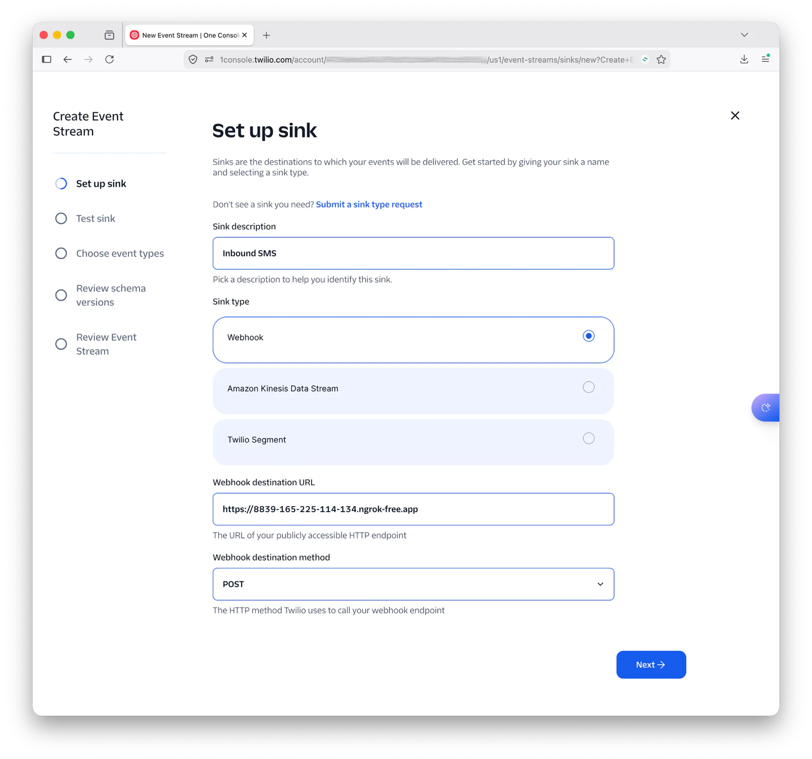 Screenshot of Twilio console for setting up a new webhook sink with inbound SMS as the source.