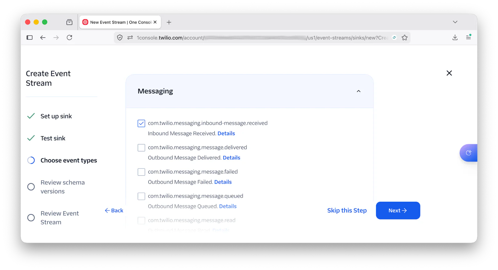 Screenshot of Twilio console showing event stream setup page with messaging events options selected.