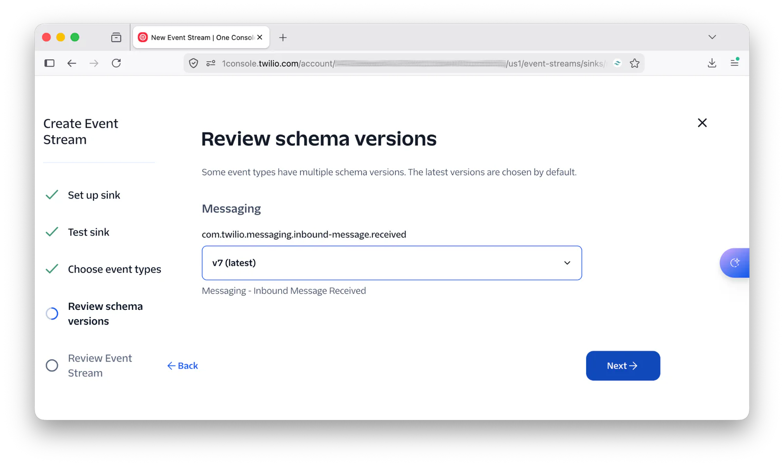 Screenshot of Twilio console showing the 'Review schema versions' step, with messaging schema set to v7 (latest).