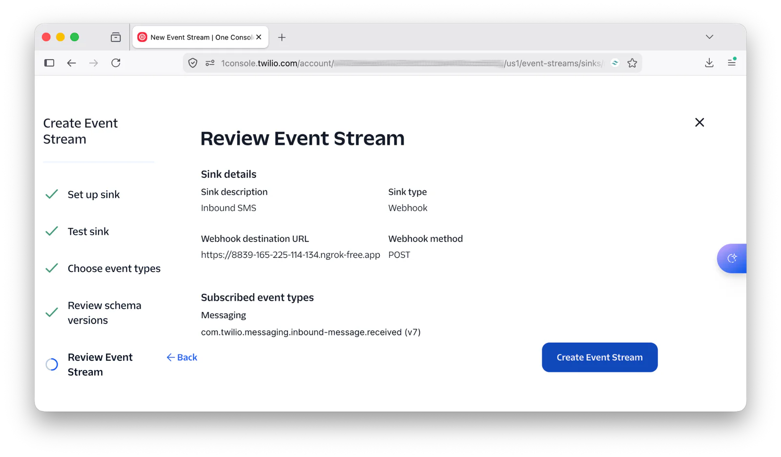 Twilio event stream review screen with options for setup, sink details, and button to create event stream.