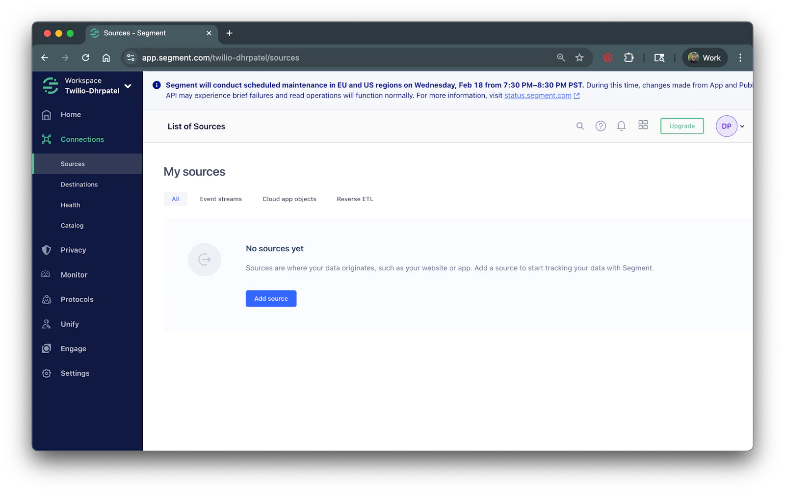 Screenshot of Segment Sources dashboard showing no connected sources and a notice of upcoming maintenance.