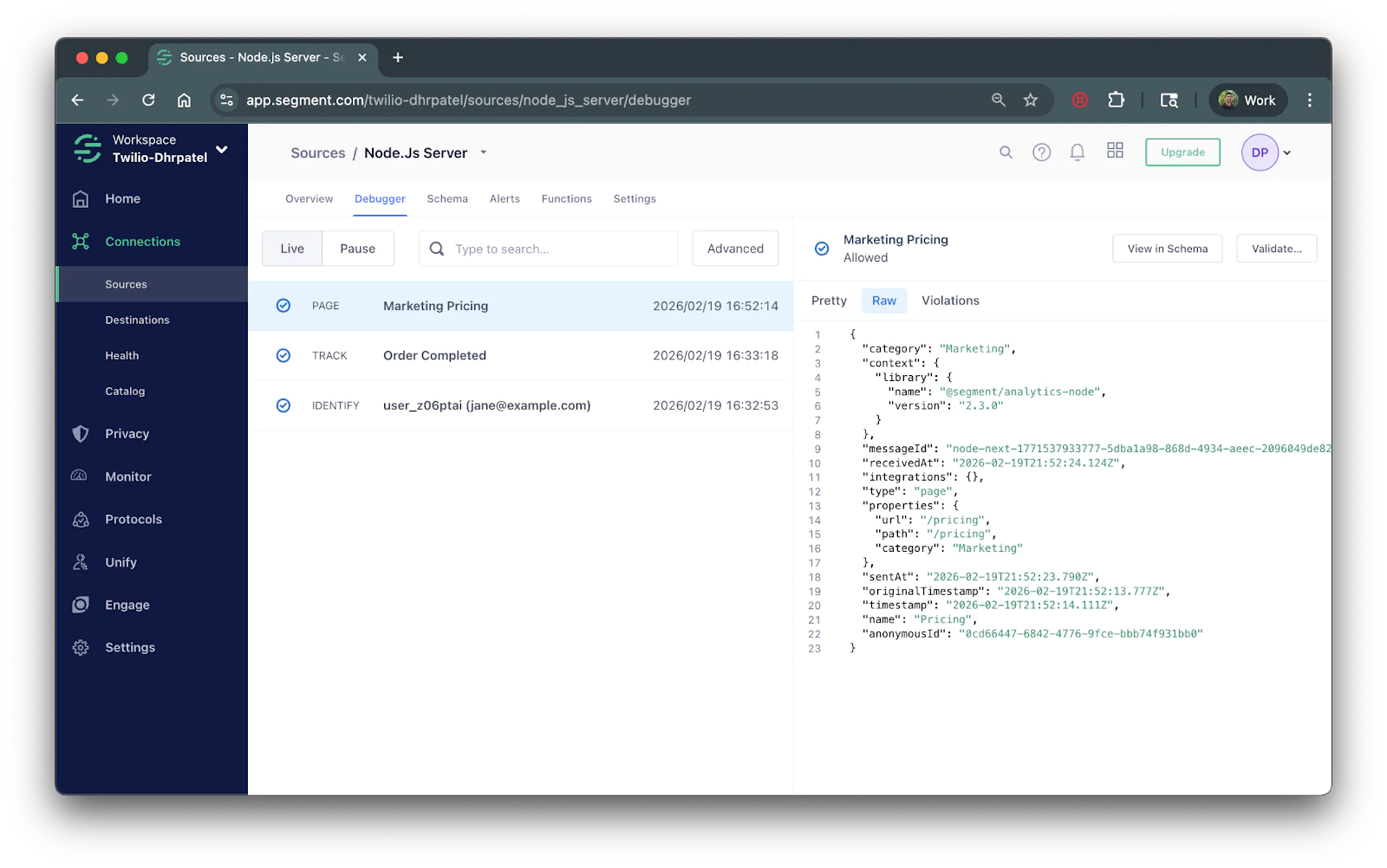 Twilio Otpinel UI debugger screen showing marketing pricing data and metadata.