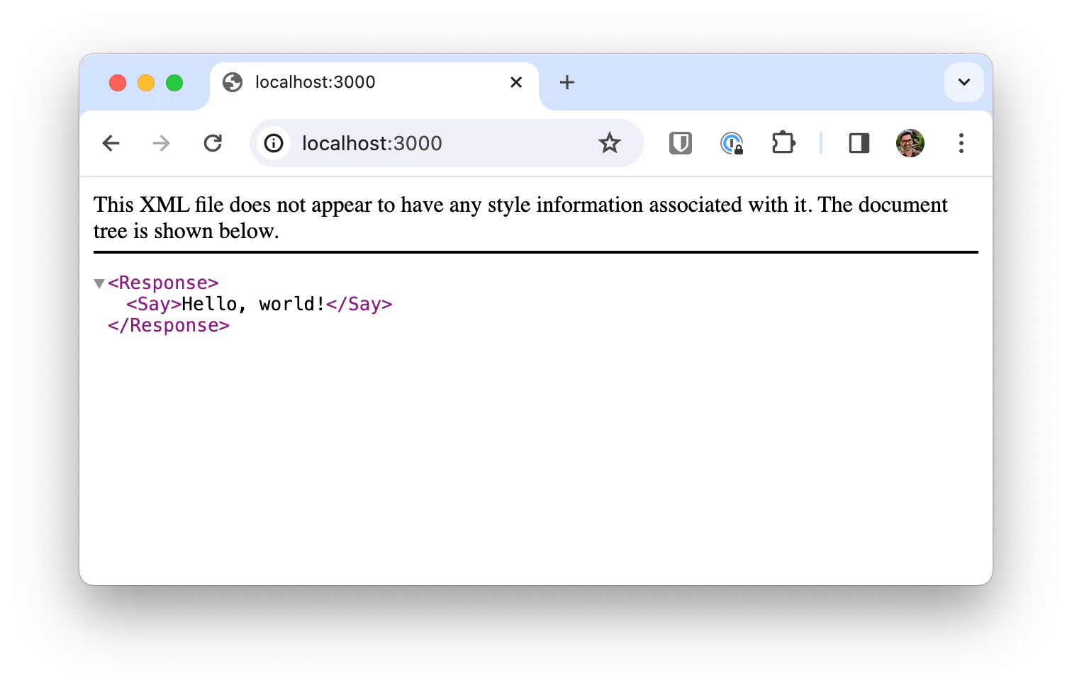A browser window with an XML response showing. The XML has a Response element, and a Say element nested within it. Within the Say element is the text "Hello, world!". A browser window with an XML response showing. The XML has a Response element, and a Say element nested within it. Within the Say element is the text "Hello, world!".