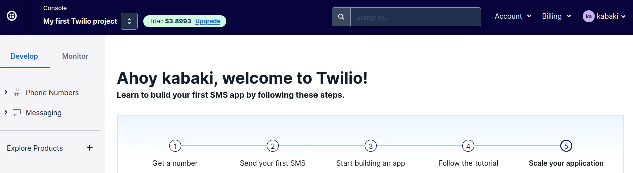 Twilio Console Dashboard
Twilio Console Dashboard