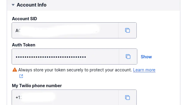 Account info section of Twilio console
Account info section of Twilio console