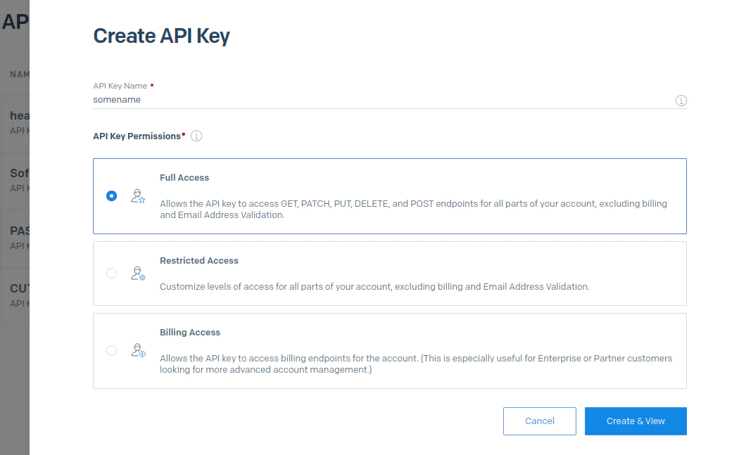 Create API key view Create API key view