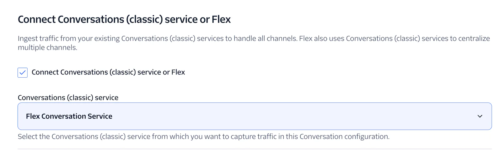 Dropdown menu to select either Conversations (classic) service or Flex, with Flex Conversation Service selected.