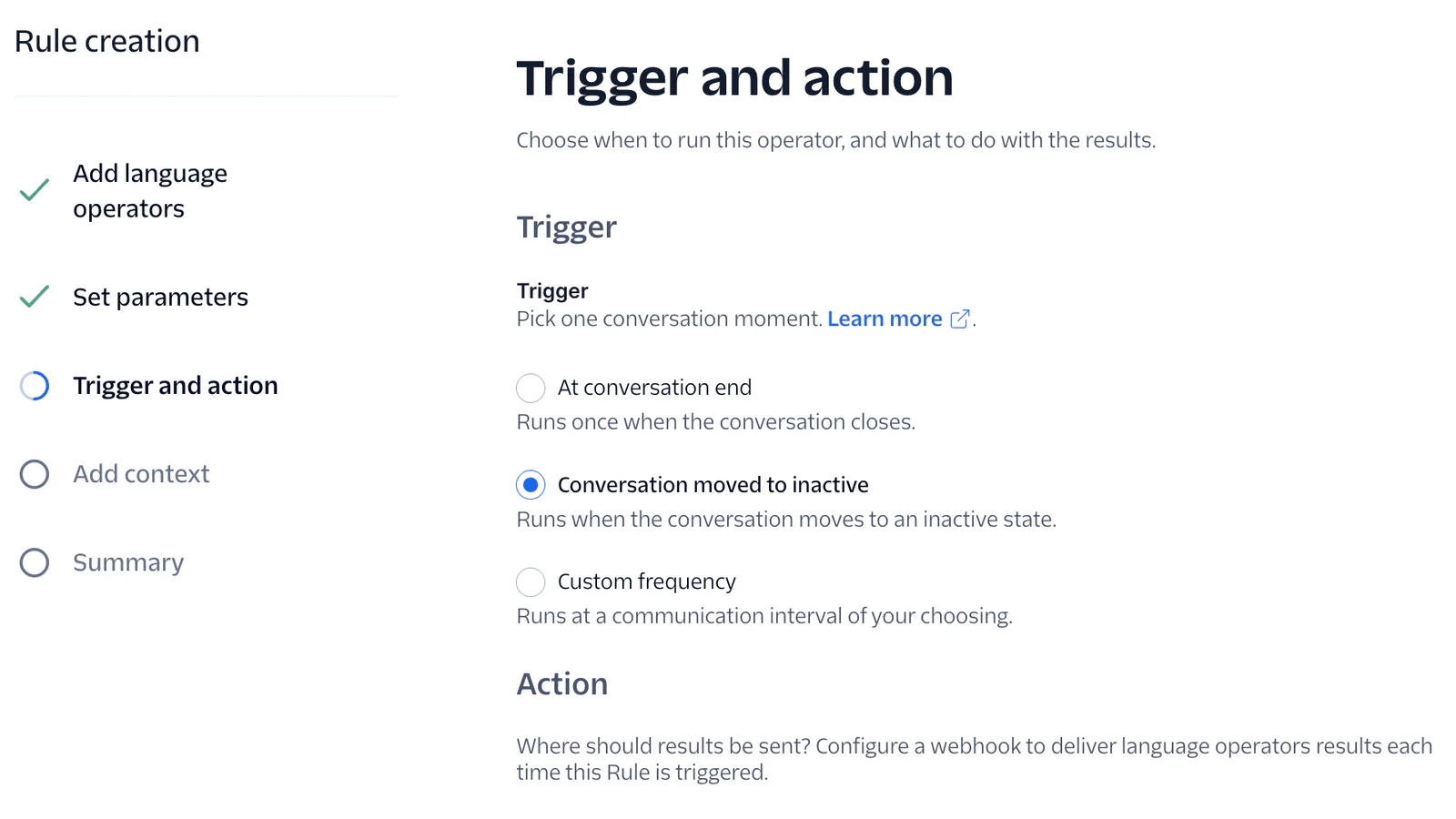 Screenshot of a rule creation page showing trigger and action settings in a web interface.