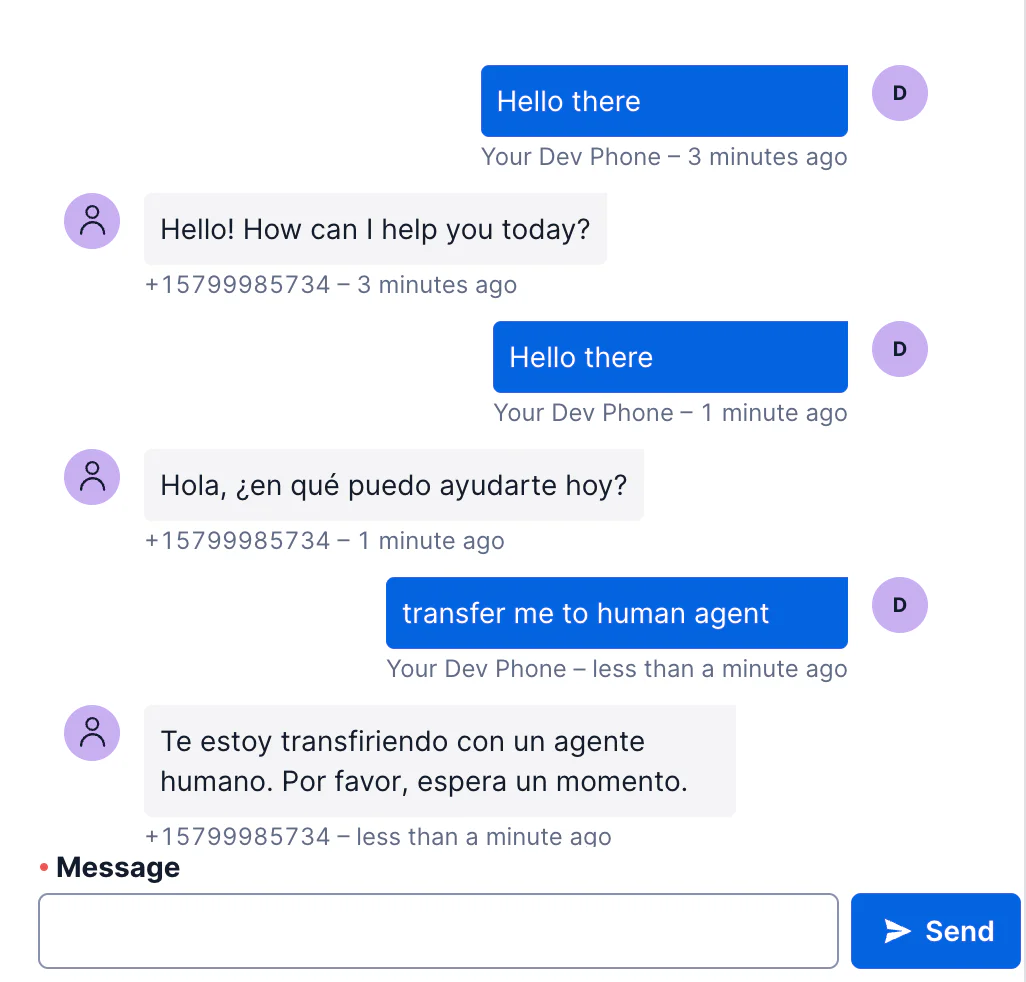Chat conversation showing messages between a user and a virtual assistant, ending with a transfer to a human agent.
