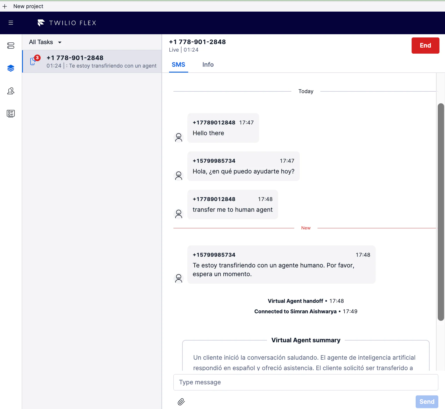 Twilio Flex chat interface showing a conversation with a virtual agent transferring to a human agent