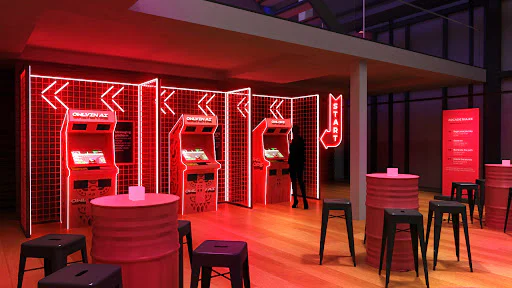 Neon-lit retro arcade with game machines and seating areas. Neon-lit retro arcade with game machines and seating areas.