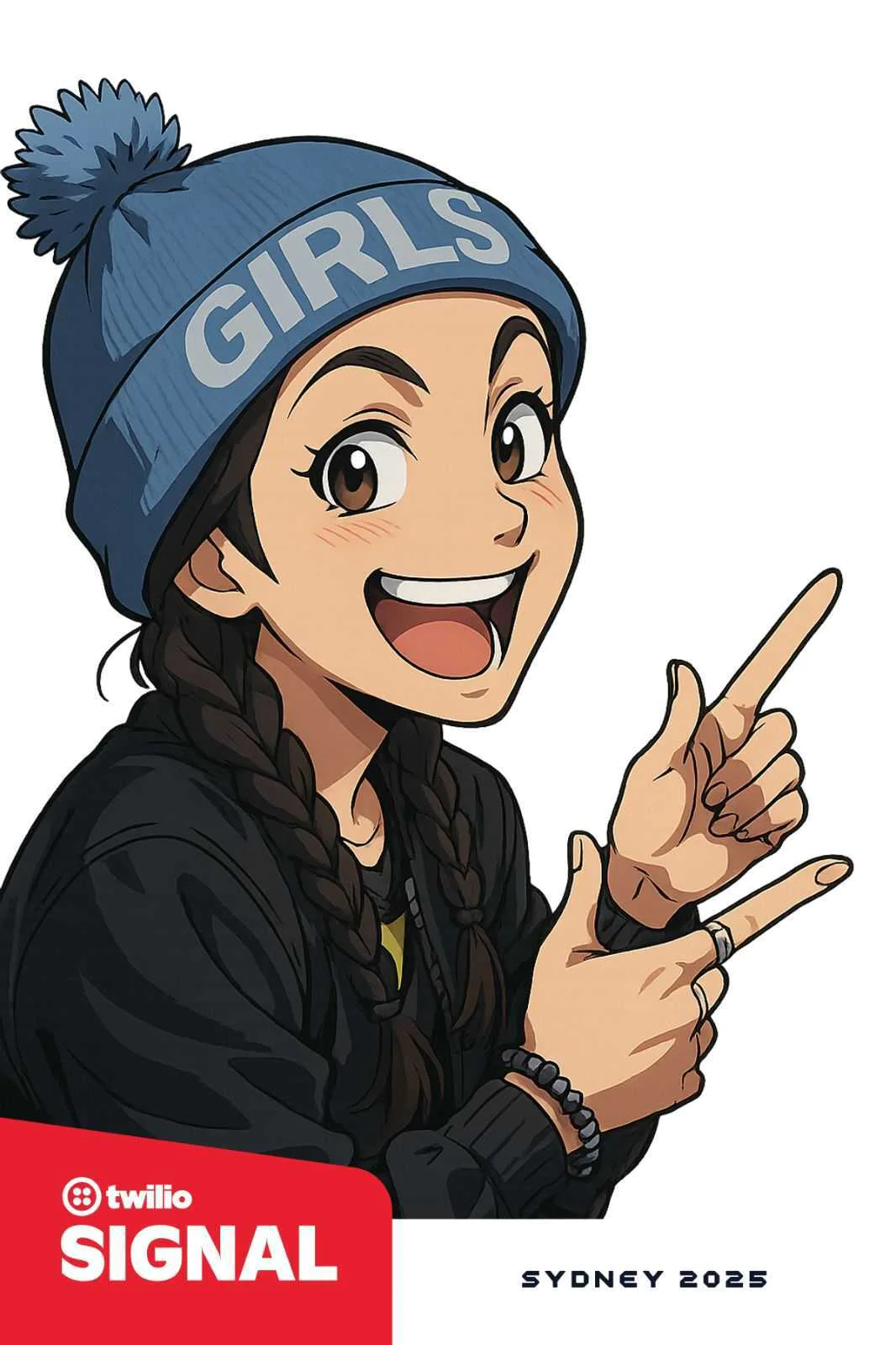 Cheerful girl in a blue beanie pointing to the side with both hands. Cheerful girl in a blue beanie pointing to the side with both hands.
