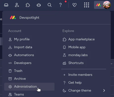 Devspotlight dropdown menu with cursor highlighting the Administration option