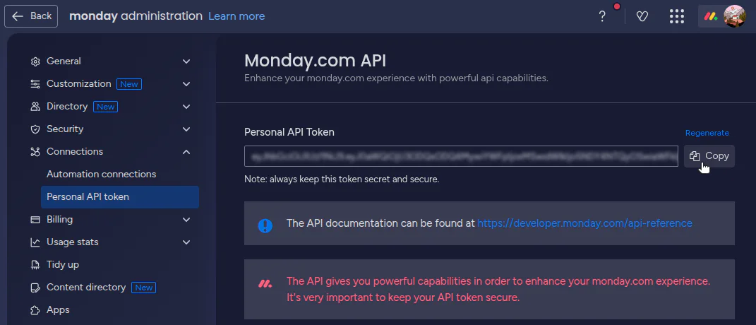 Monday.com API token management screen with personal API token and regeneration option visible.