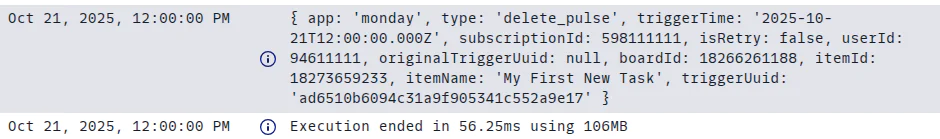 Log showing an app action 'delete_pulse' triggered on Oct 21, 2025, at 12