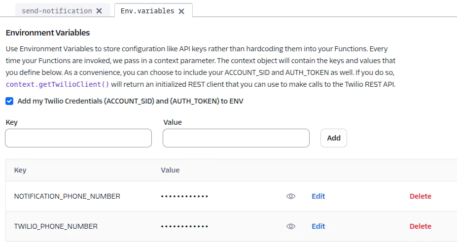 Screenshot of Twilio settings panel showing environment variables for phone number and API credentials.