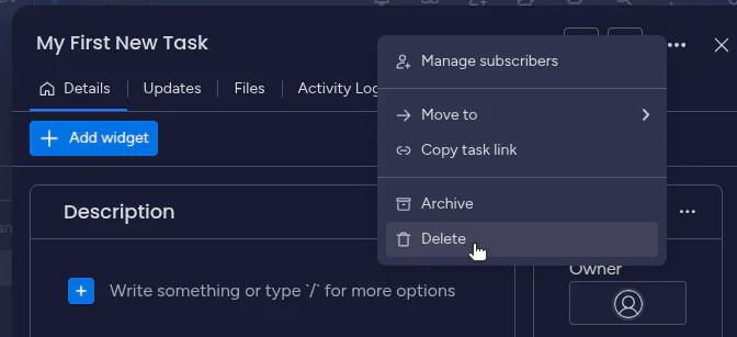 Task management UI with options menu open, highlighting the 'Delete' button with a hand cursor.