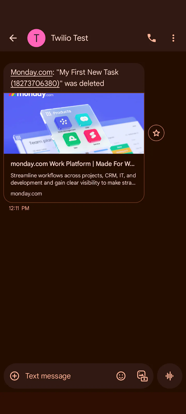 Chat showing notification about a task deletion from Monday.com on a mobile device.