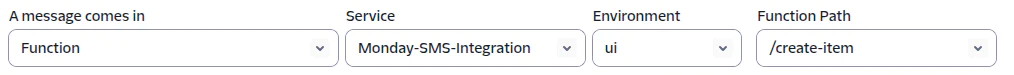 Screenshot showing settings for function integration on Monday.com, with fields for message, service, environment, and function path.