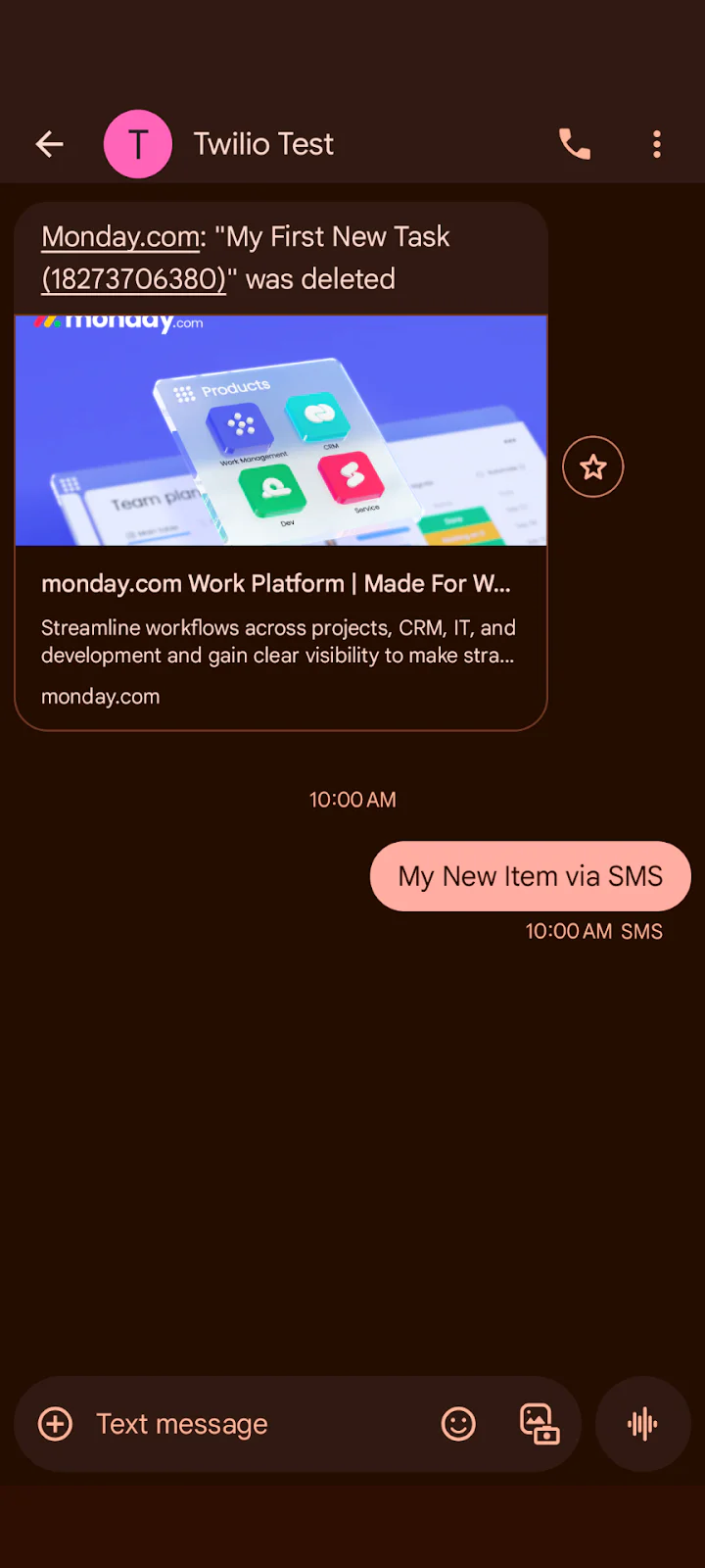 Screenshot of SMS chat with an image link about a deleted task notification from Monday.com.