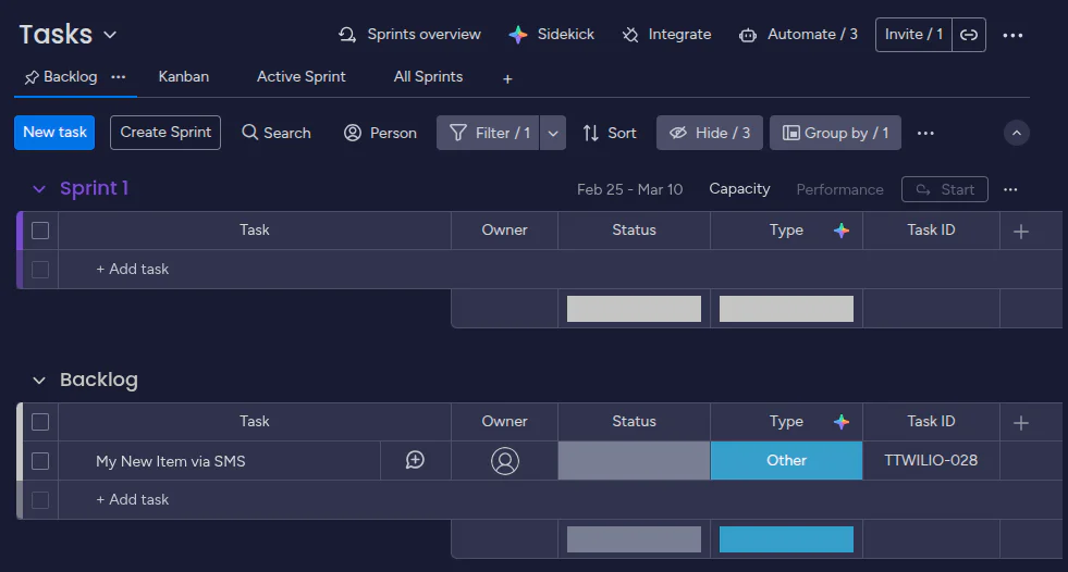 Screenshot of a task management system showing tasks in Sprint 1 and Backlog sections.