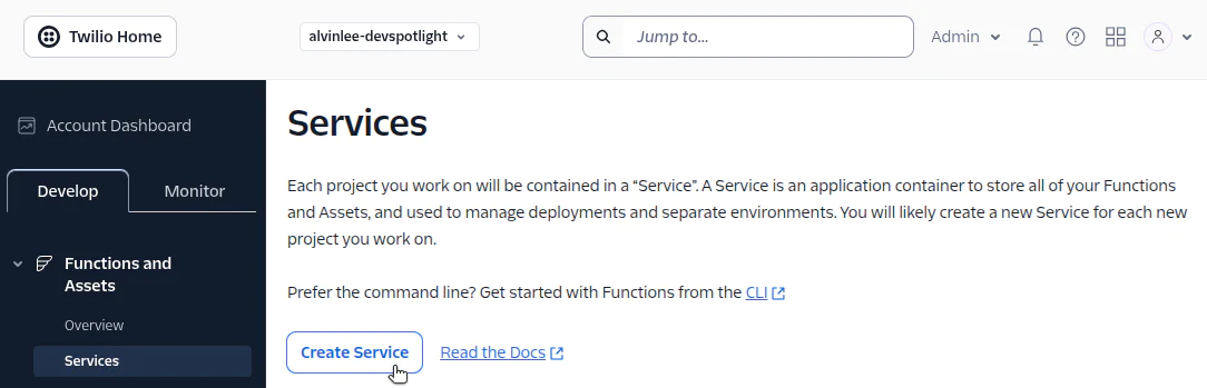 Twilio console page showing services tab with a button to create a new service.