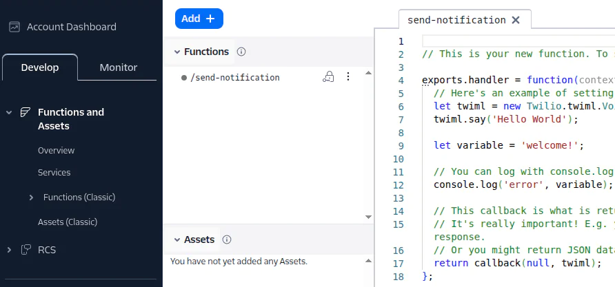 Screenshot of the Twilio function dashboard with a code editor showing a sample function titled 'send-notification'.