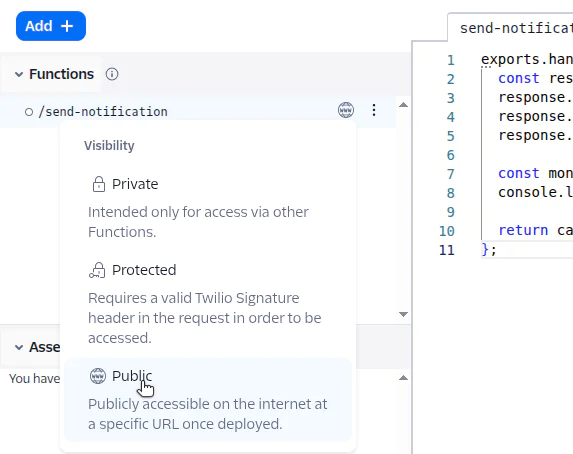 Screenshot of the Twilio Functions interface showing visibility options and code for send-notification function.