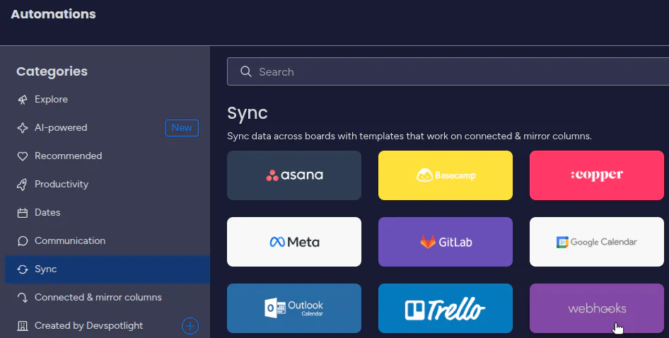 Interface showing sync options for project management tools like Asana, Basecamp, GitLab, Trello, and more.