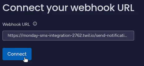User connecting their webhook URL for integration in a web interface by clicking the Connect button.