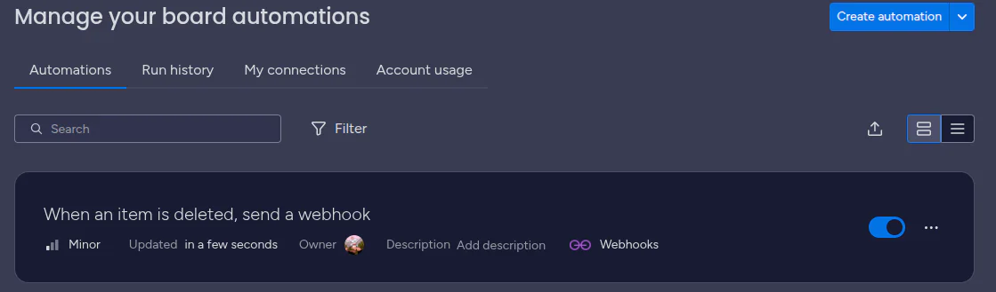 Interface showing board automation management with an active webhook for item deletion.