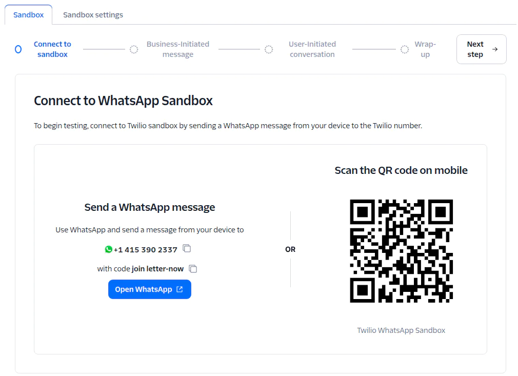 Twilio Sandbox setup screen with QR code and instructions.