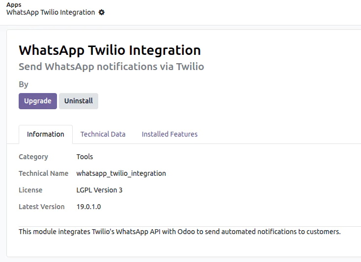 Screenshot of the WhatsApp Twilio Integration module details with options to upgrade or uninstall.