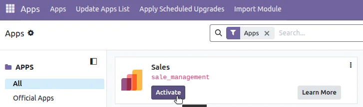Screenshot of activating the sales management module in a software app with a cursor on the Activate button.