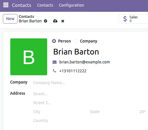 Dashboard displaying contact details of Brian Barton with email and phone number.