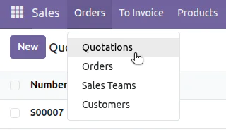 Mouse cursor selecting Quotations from dropdown menu under Orders tab in a software interface.