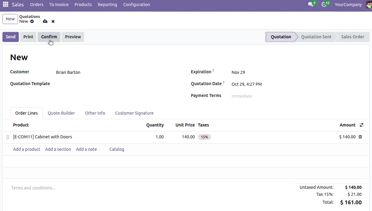 Sales software interface showing a new quotation with product details, pricing, and customer information.
